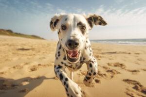 Aktiver gesunder Dalmatiner-Hund läuft mit offenem Maul und herausgestreckter Zunge im Sand auf dem Hintergrund des Strandes am hellen Tag.