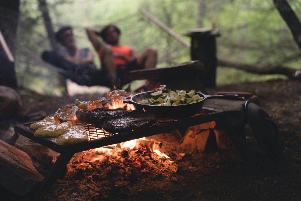 Grillen im Wald mit einer Feuerstelle – Fleisch, Gemüse und Limetten auf einem Gitter über dem Feuer.