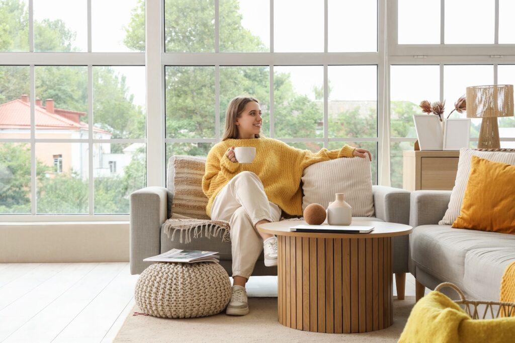 Eine Frau sitzt entspannt auf einem grauen Sofa, hält eine Tasse in der Hand und genießt die Aussicht, während ein runder Couchtisch mit Holzvertäfelung dekorativ im Vordergrund steht