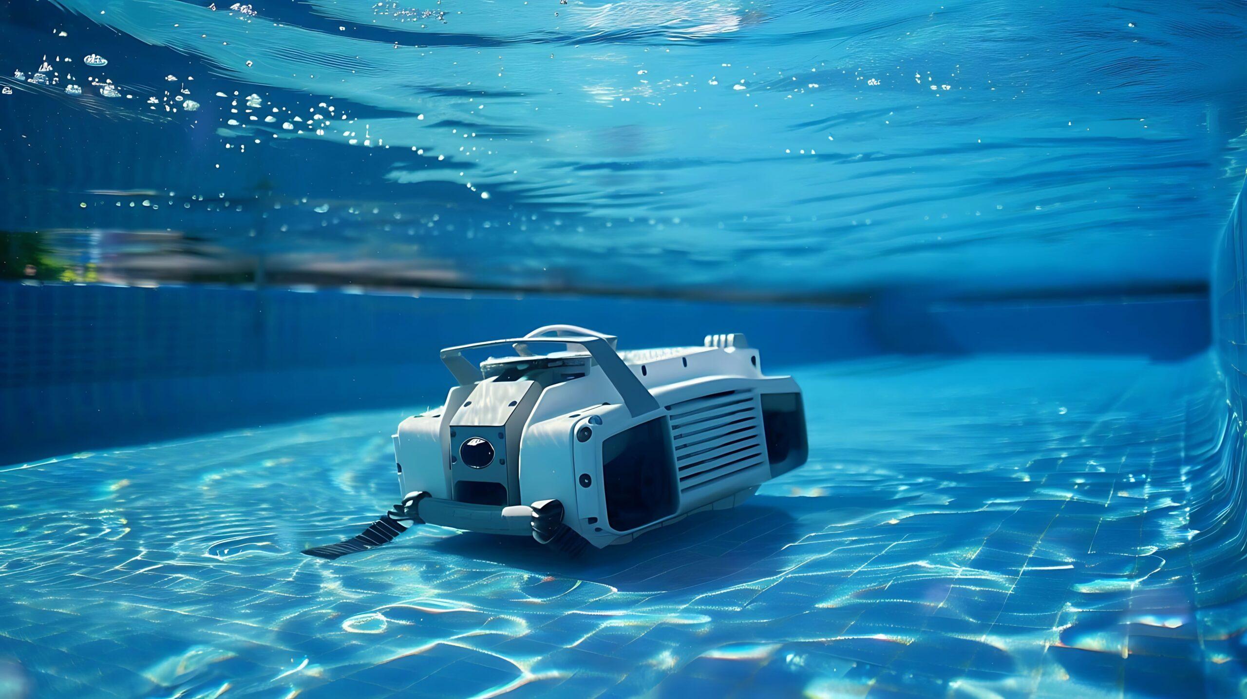 Unterwasseraufnahme eines Poolroboters bei der Reinigung