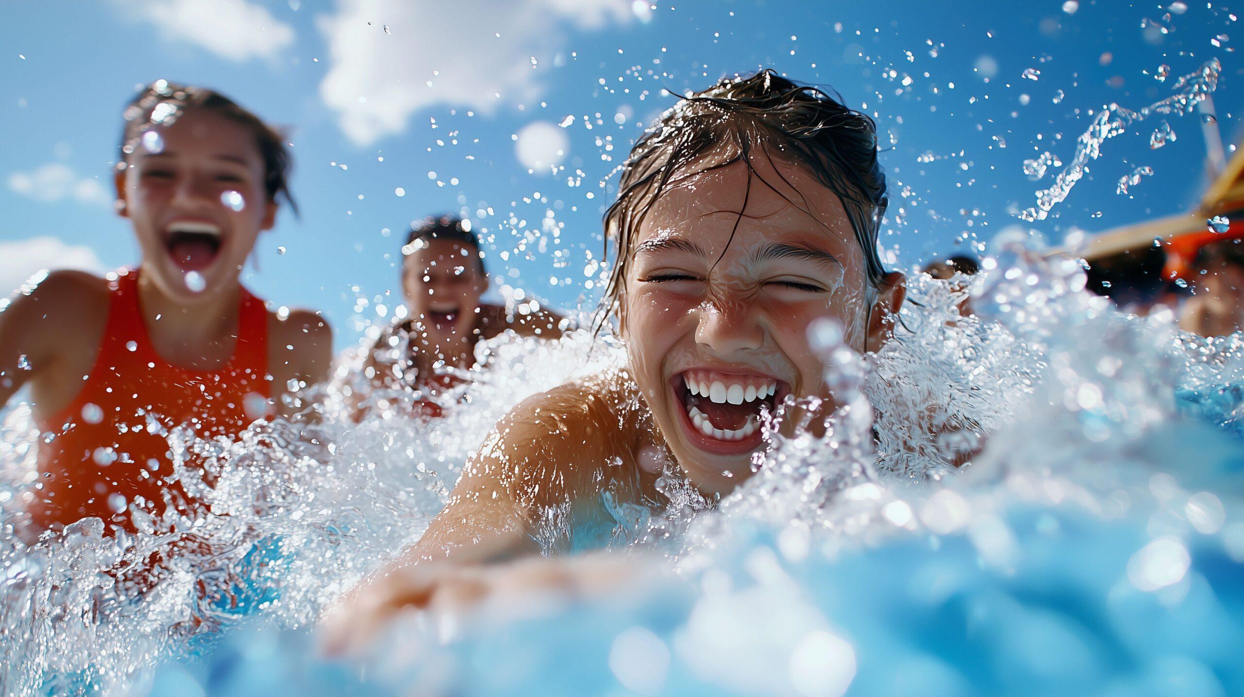 Lachende Kinder haben Spaß im Pool