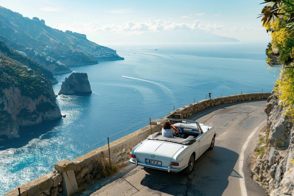 Eng landschaftlech Faarht laanscht d'Amalfi-Küst, mat engem Paar an engem Cabriolet, Küsteflëss an der glanzender Mëditerranäer Mier.