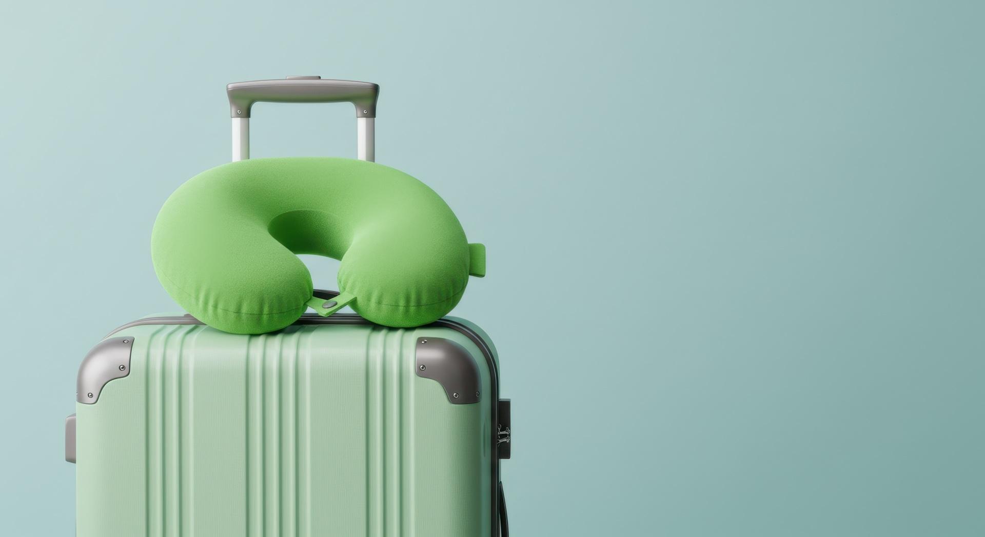 Gruener Koffer mit Nackenkissen fuer Reisen | Bettwäsche Bio Baumwolle